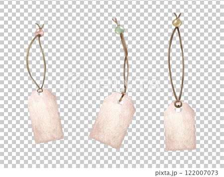 Watercolor craft paper hang empty tags with string for price text or cloth labels clip art illustration isolated background. Blank pink cardboard tag on brown rope with bead set for note, holiday gift 122007073