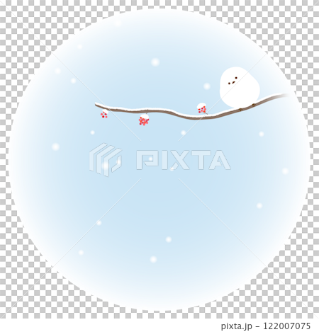 ナナカマドの枝にとまっているシマエナガのかわいい丸フレーム背景　 122007075