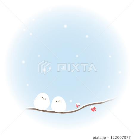 ナナカマドの枝にとまっているシマエナガのかわいい丸フレーム背景 122007077