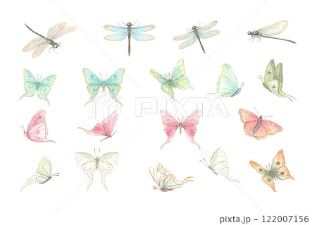 Watercolor fluttering delicate abstract butterflies and damselflies isolated illustration. Colored vintage tropical flying insects hand painted set for greeting cards, invitations, package design Watercolor fluttering delicate abstract butterflies and damselflies isolated illustration. Colored vintage tropical flying insects hand painted set for greeting cards, invitations, package design 122007156