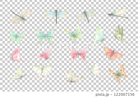 Watercolor fluttering delicate abstract butterflies and damselflies isolated illustration. Colored vintage tropical flying insects hand painted set for greeting cards, invitations, package design Watercolor fluttering delicate abstract butterflies and damselflies isolated illustration. Colored vintage tropical flying insects hand painted set for greeting cards, invitations, package design 122007156