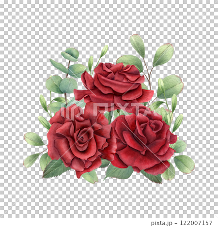 Three red roses, eucalyptus leaves bouquet watercolor illustration. Dark ruby flower in blossom, green leaf branches. For birthday greeting cards, invitation design, wedding concept, memorial day Three red roses, eucalyptus leaves bouquet watercolor illustration. Dark ruby flower in blossom, green leaf branches. For birthday greeting cards, invitation design, wedding concept, memorial day 122007157