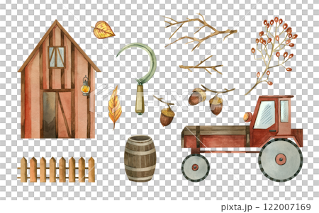 Barn, tractor, acorns, fence, branch with berries, wooden barrel, autumn leaves. All objects are hand-drawn with watercolors. Suitable for printing on postcards, invitations, for scrapbooking. 122007169