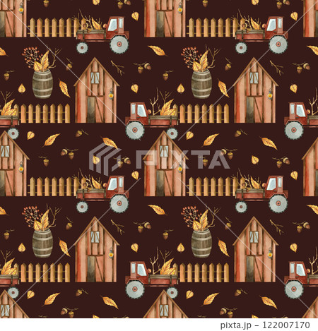 Farm with fence, tractor, plants, storage barrel. Seamless watercolor pattern painted with watercolor. Suitable for printing on fabric, paper and scrapbooking. High quality illustration. Farm with fence, tractor, plants, storage barrel. Seamless watercolor pattern painted with watercolor. Suitable for printing on fabric, paper and scrapbooking. High quality illustration. 122007170