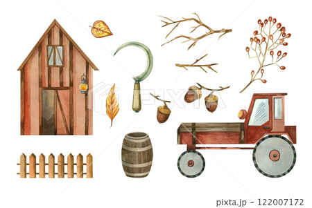 Barn, tractor, acorns, fence, branch with berries, wooden barrel, autumn leaves. All objects are hand-drawn with watercolors. Suitable for printing on postcards, invitations, for scrapbooking. Barn, tractor, acorns, fence, branch with berries, wooden barrel, autumn leaves. All objects are hand-drawn with watercolors. Suitable for printing on postcards, invitations, for scrapbooking. 122007172