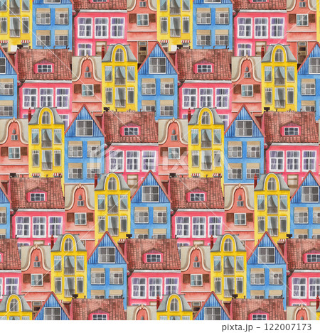 Seamless watercolor pattern. Dutch old houses in pink, yellow and blue colors hand painted with watercolor. Suitable for printing on fabric, paper, for scrapbooking and wrapping paper. 122007173