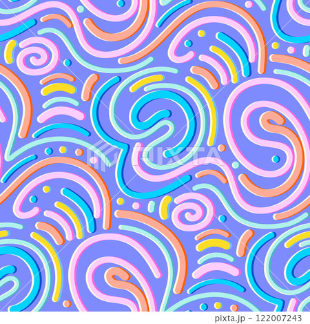 Squiggle, wavy line seamless pattern. Abstract 3d fluid graphic shapes geometric rainbow creative background. Vector illustration 122007243