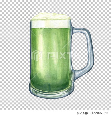 Watercolor full green ale glass with foam illustration. Pint of traditional Irish green malt beer. St. Patrick day leprechaun drink element for holiday greeting cards, menu, pub party, celebrating Watercolor full green ale glass with foam illustration. Pint of traditional Irish green malt beer. St. Patrick day leprechaun drink element for holiday greeting cards, menu, pub party, celebrating 122007266