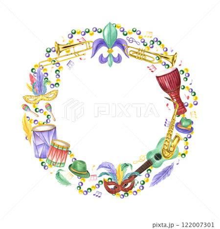 Watercolor Mardi gras symbol, music wind and percussion instruments, hats, carnival mask with feathers, beads, musical notes wreath . New Orleans parade round frame for invitation, greeting cards 122007301