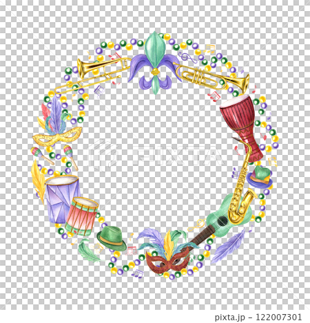Watercolor Mardi gras symbol, music wind and percussion instruments, hats, carnival mask with feathers, beads, musical notes wreath . New Orleans parade round frame for invitation, greeting cards 122007301