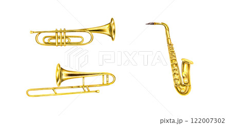 Watercolor musical classical shiny brass trumpet, trombone and saxophone set illustration. Hand painted jazz metallic golden instruments. Music element clipart for jazz festival design, education card Watercolor musical classical shiny brass trumpet, trombone and saxophone set illustration. Hand painted jazz metallic golden instruments. Music element clipart for jazz festival design, education card 122007302