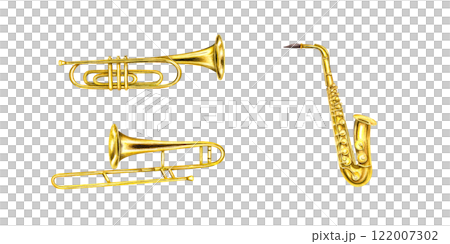 Watercolor musical classical shiny brass trumpet, trombone and saxophone set illustration. Hand painted jazz metallic golden instruments. Music element clipart for jazz festival design, education card Watercolor musical classical shiny brass trumpet, trombone and saxophone set illustration. Hand painted jazz metallic golden instruments. Music element clipart for jazz festival design, education card 122007302