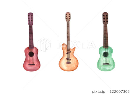 Watercolor color musical instrument, six string electric and acoustic guitar clip art illustration. Classical guitars set for music website design, cards, music lesson posters, stickers 122007303