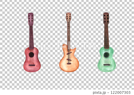 Watercolor color musical instrument, six string electric and acoustic guitar clip art illustration. Classical guitars set for music website design, cards, music lesson posters, stickers 122007303