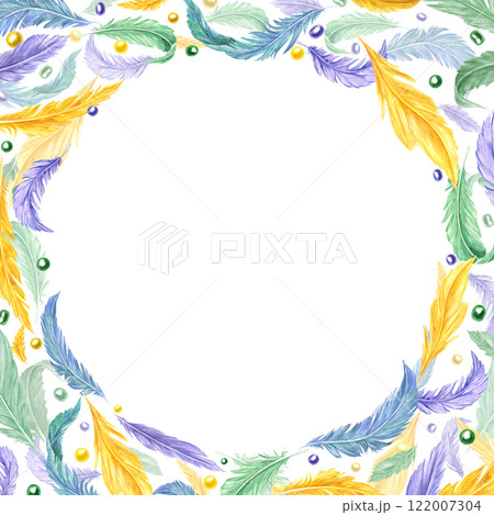 Watercolor bird feathers in Mardi Gras carnival colors square frame with copy space for text. Colorful natural plume with beads illustration. Border for holiday greeting cards, invitation Watercolor bird feathers in Mardi Gras carnival colors square frame with copy space for text. Colorful natural plume with beads illustration. Border for holiday greeting cards, invitation 122007304