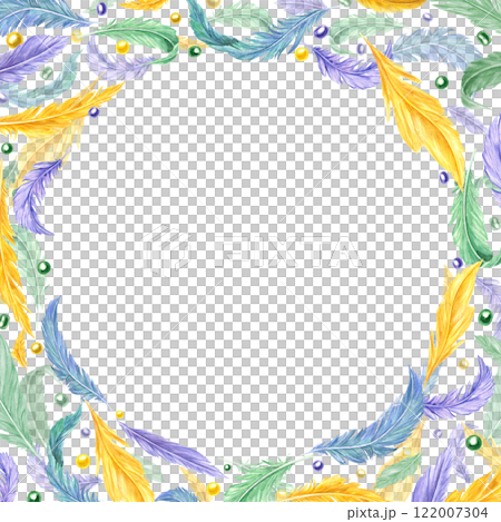 Watercolor bird feathers in Mardi Gras carnival colors square frame with copy space for text. Colorful natural plume with beads illustration. Border for holiday greeting cards, invitation Watercolor bird feathers in Mardi Gras carnival colors square frame with copy space for text. Colorful natural plume with beads illustration. Border for holiday greeting cards, invitation 122007304