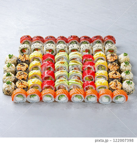 Japanese sushi rolls, sushi sets on a gray background for restaurant menu and food delivery 122007398