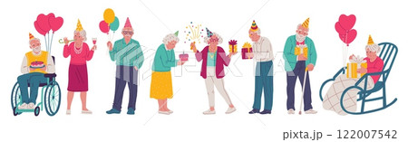 Happy old people in festive decorations with gift boxes, balloons or cake, vector cartoon grandparent celebrate birthday Happy old people in festive decorations with gift boxes, balloons or cake, vector cartoon grandparent celebrate birthday 122007542