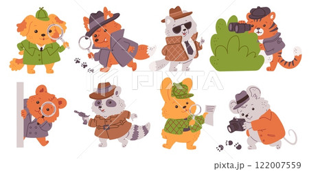 Detectives animals vector set, spy agent crime investigating, raccoon with handgun, fox, dog bear with magnifying glass 122007559