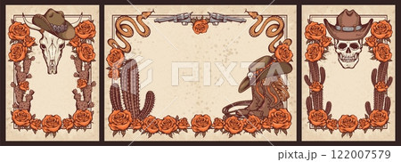 Set of wild West style frames with human and cow skulls, revolvers, roses, cowboy hat. Set of wild West style frames with human and cow skulls, revolvers, roses, cowboy hat. 122007579