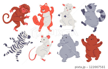 Cute animals dancing and smiling vector set, cartoon funny sheep and cat, zebra raccoon, hippopotamus and mouse have fun 122007581