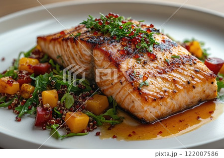 Grilled salmon fillet served on a bed of colorful quinoa salad with fresh herbs and ripe vegetables 122007586