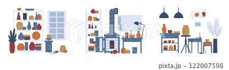 Vector set of illustrations with interior rooms with equipment for pottery workshop. Vector set of illustrations with interior rooms with equipment for pottery workshop. 122007598