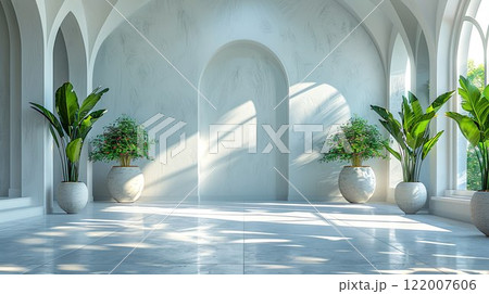 Elegant interior design featuring plants in a bright, minimalist space with beautiful archways and sunlight 122007606