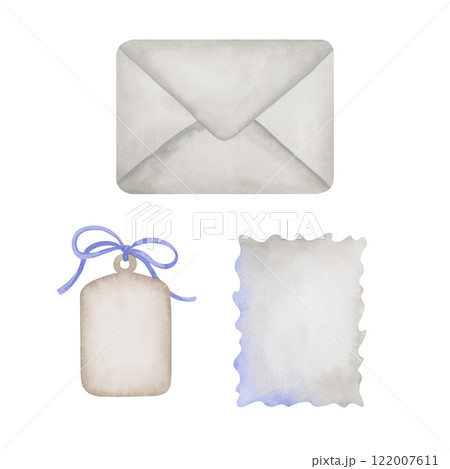 Set of watercolor paper elements. Hand made illustrations of envelope, gifttag and postcard. Isolated elements for holiday design in vintage style and muted colors Set of watercolor paper elements. Hand made illustrations of envelope, gifttag and postcard. Isolated elements for holiday design in vintage style and muted colors 122007611