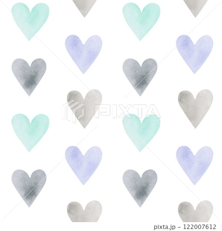 Simple seamless pattern for valentine's day. Hearts drawn in pastel muted tones. Hand drawn watercolor illustration Simple seamless pattern for valentine's day. Hearts drawn in pastel muted tones. Hand drawn watercolor illustration 122007612