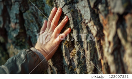 Person hand touching moss-covered tree bark sunlight eco-friendly concept 122007821