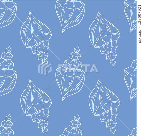 Seashell seamless pattern in line art style. Undersea repeat texture on blue background. Summer design for textile fabric design, restaurants. Vector illustration on a white background. 122007921