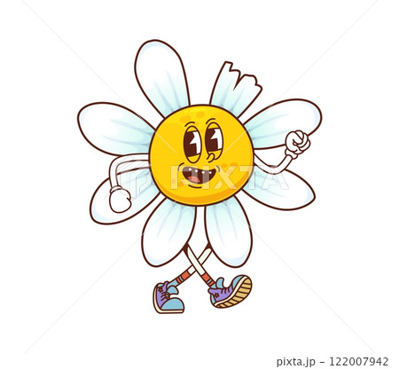 Retro groovy cartoon daisy or chamomile flower character with funny face, vector comic emoji. Psychedelic groovy daisy or chamomile flower with happy smile and torn petal for retro cartoon character 122007942