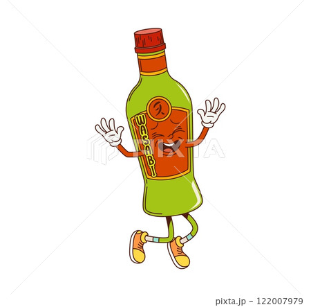 Cartoon groovy wasabi sauce character joyfully jumping full of energy and joy. Isolated vector glass bottle personage with green hot spice condiment for Japanese food, dancing with happy expression 122007979