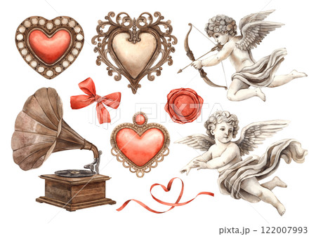Cupids-angels of love, gramophone, ribbon, bow, openwork hearts with velvet centers. Watercolor set of illustrations is suitable for decorating festive events weddings, Valentine's Day, anniversaries 122007993