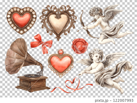 Cupids-angels of love, gramophone, ribbon, bow, openwork hearts with velvet centers. Watercolor set of illustrations is suitable for decorating festive events weddings, Valentine's Day, anniversaries 122007993