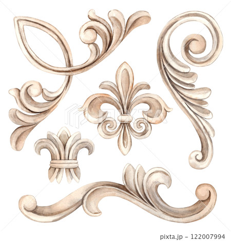 Vintage baroque border, Venetian rosettes with scroll pattern, plaster tiles. Watercolor set illustration for wedding, Valentine's Day, anniversary, birthday, cards, posters, banners 122007994