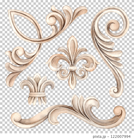 Vintage baroque border, Venetian rosettes with scroll pattern, plaster tiles. Watercolor set illustration for wedding, Valentine's Day, anniversary, birthday, cards, posters, banners 122007994