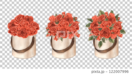 Bouquet of velvet red roses with green leaves in a round beige box and petals. Watercolor set of illustrations in vintage style, suitable for decorating flower shops, weddings, Valentine's Day, cards Bouquet of velvet red roses with green leaves in a round beige box and petals. Watercolor set of illustrations in vintage style, suitable for decorating flower shops, weddings, Valentine's Day, cards 122007996