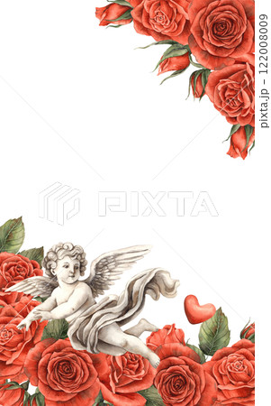 A bouquet of red roses with green leaves and an angel-cupid flying among them. Watercolor illustration for cards, invitations, banners for a wedding, Valentine's Day, birthdays and anniversaries A bouquet of red roses with green leaves and an angel-cupid flying among them. Watercolor illustration for cards, invitations, banners for a wedding, Valentine's Day, birthdays and anniversaries 122008009