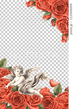 A bouquet of red roses with green leaves and an angel-cupid flying among them. Watercolor illustration for cards, invitations, banners for a wedding, Valentine's Day, birthdays and anniversaries A bouquet of red roses with green leaves and an angel-cupid flying among them. Watercolor illustration for cards, invitations, banners for a wedding, Valentine's Day, birthdays and anniversaries 122008009