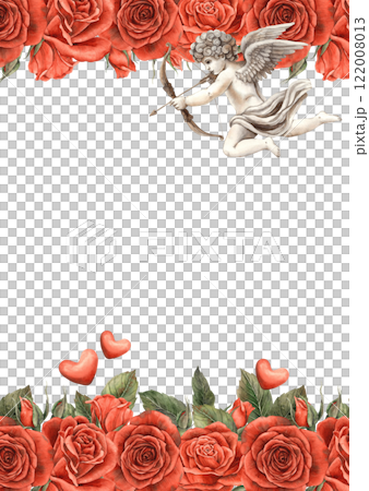 A bouquet of red roses with green leaves and an angel-cupid flying among them. Watercolor illustration for cards, invitations, banners for a wedding, Valentine's Day, birthdays and anniversaries 122008013