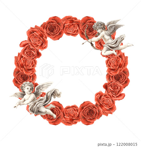 A wreath of red velvet roses with a flying angel-cupid among them. Watercolor illustration wreath for cards, invitations, banners for weddings, Valentine's Day, birthdays and anniversaries 122008015