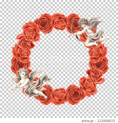 A wreath of red velvet roses with a flying angel-cupid among them. Watercolor illustration wreath for cards, invitations, banners for weddings, Valentine's Day, birthdays and anniversaries 122008015
