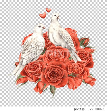 White realistic doves sit in a bouquet of red velvet roses with leaves and hearts fly around, the composition symbolizes love. Watercolor illustration for cards, wedding invitations, Valentine's Day 122008023