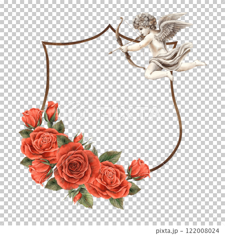 Elegant vintage frame with red roses with green leaves and cute cupid angel with arrow. Hand drawn watercolor illustration, perfect for Valentine's Day, weddings, invitations or romantic designs 122008024