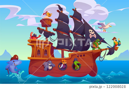 Cartoon sail ship with animal pirates characters. Vector brigantine with parrot, turtle, crocodile and tiger, elephant, crab and pelican bird crew sailing across the ocean with shark enjoying journey Cartoon sail ship with animal pirates characters. Vector brigantine with parrot, turtle, crocodile and tiger, elephant, crab and pelican bird crew sailing across the ocean with shark enjoying journey 122008028