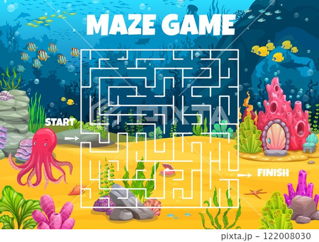 Labyrinth maze game, help to octopus to find his home. Search path puzzle or riddle, labyrinth maze vector worksheet with cute octopus character, coral house and seaweeds on tropical sea bottom Labyrinth maze game, help to octopus to find his home. Search path puzzle or riddle, labyrinth maze vector worksheet with cute octopus character, coral house and seaweeds on tropical sea bottom 122008030