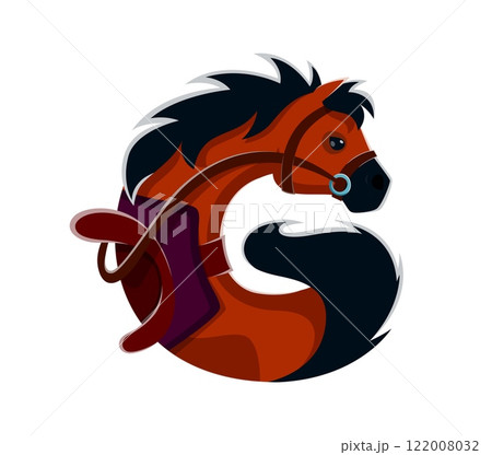 Horse shaped letter G featuring bold mane, bridle and saddle. Wild West cartoon vector font merges typography and animal imagery. Cowboy, equestrian, wild west typeface, western type, English alphabet Horse shaped letter G featuring bold mane, bridle and saddle. Wild West cartoon vector font merges typography and animal imagery. Cowboy, equestrian, wild west typeface, western type, English alphabet 122008032