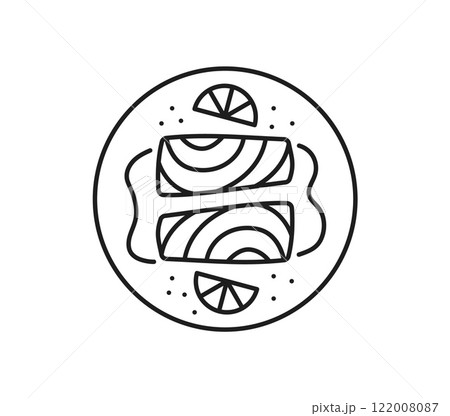 Salmon fish restaurant meal thin line icon. Salmon or tuna raw meat cooking outline icon, ocean fish fresh culinary ingredient or seafood product thin line vector symbol with salmon steak on plate Salmon fish restaurant meal thin line icon. Salmon or tuna raw meat cooking outline icon, ocean fish fresh culinary ingredient or seafood product thin line vector symbol with salmon steak on plate 122008087